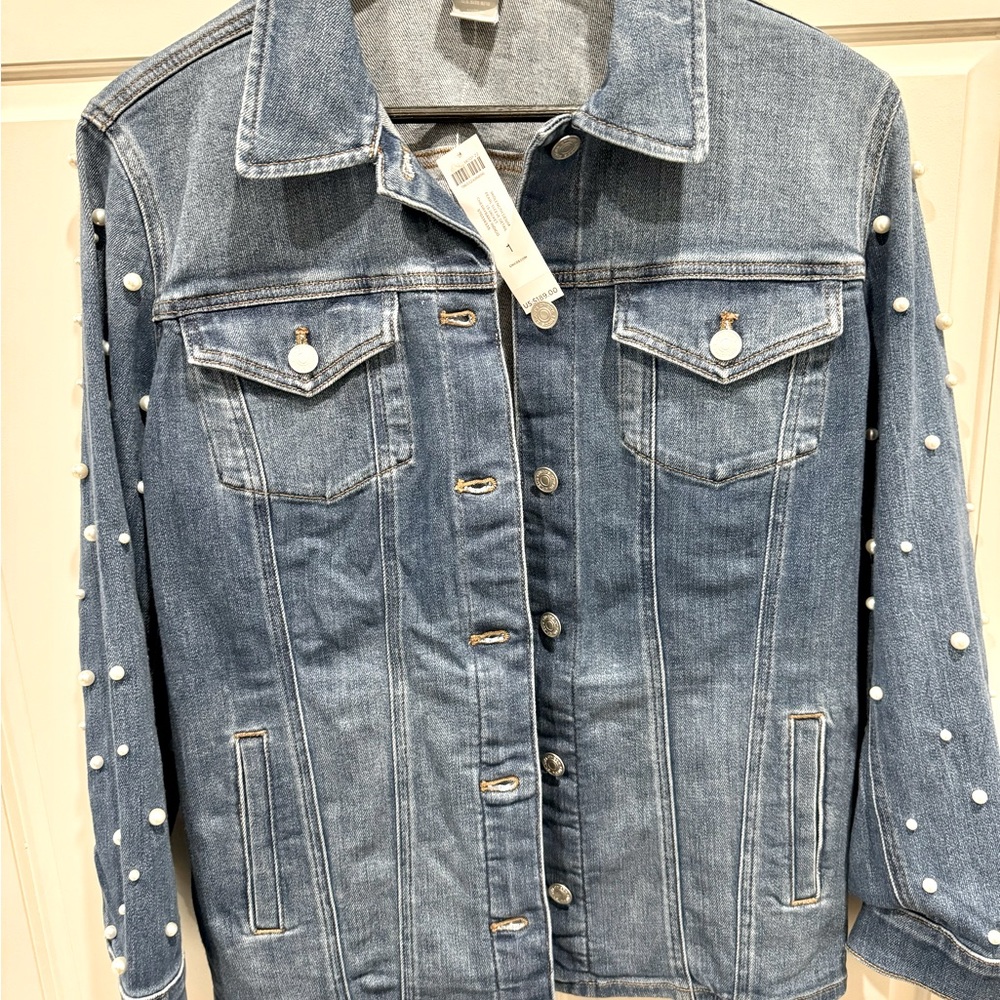 Chico’s - Midlength Denim Pearl Sleeve Detail LS Jacket - size 1